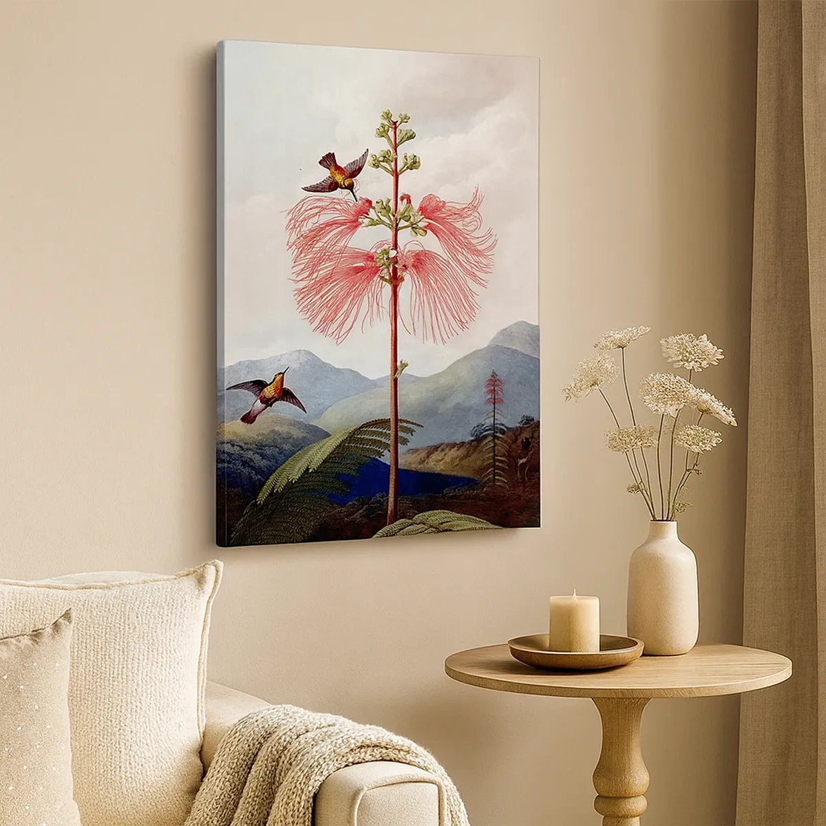 Obraz na płótnie - Ilustracja botaniczna z egzotycznym kwiatem i kolibrami na tle górskiego krajobrazu - 50x70cm - W tropikalnym raju - Nowoczesna dekoracja ścienna do salonu, kuchni i sypialni ARTTOR