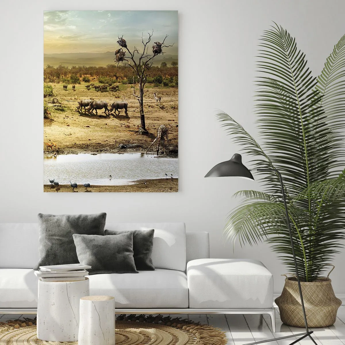 Obraz na szkle - Słonie i dzikie zwierzęta przy wodopoju o zachodzie słońca - 70x100cm - "Z Edenu zaś wypływała rzeka…" - Nowoczesna dekoracja ścienna do salonu i sypialni ARTTOR