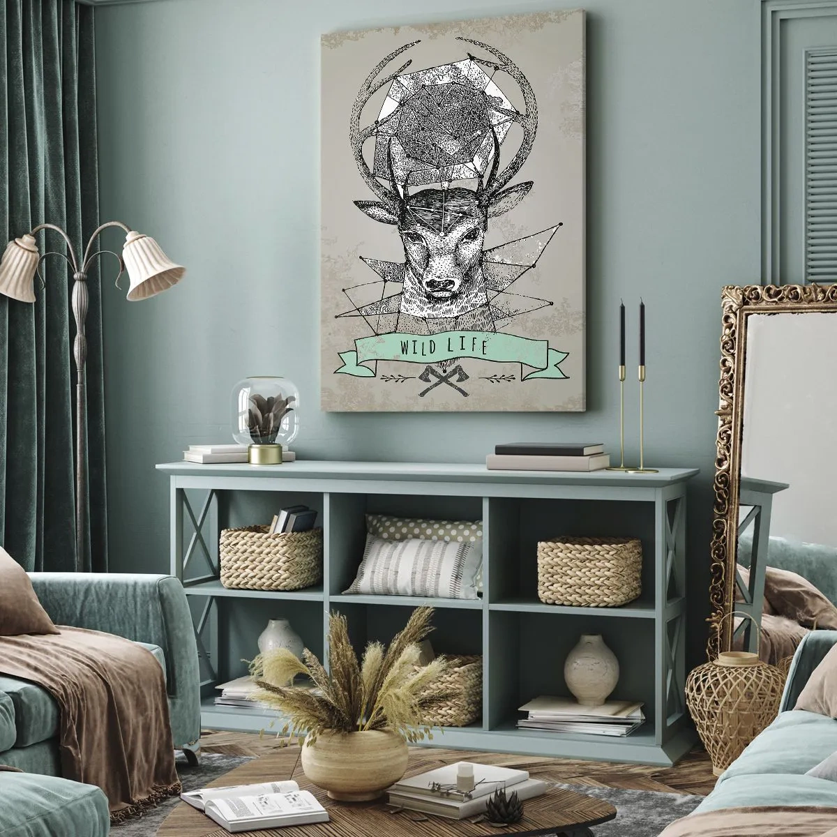 Obraz na płótnie - Geometria jelenia z napisem Wild Life w stylu vintage - 70x100cm - Widzenie św. Hubertusa - Nowoczesna dekoracja ścienna do salonu i sypialni ARTTOR