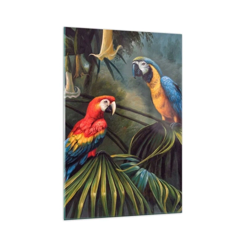 Obraz na szkle - Papugi w tropikalnym lesie na tle egzotycznych kwiatów - 70x100cm - Romantyzm w tropikach - Nowoczesna dekoracja ścienna do salonu i sypialni ARTTOR