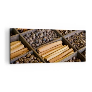 Obraz na płótnie - Przyprawy i kawa w drewnianych przegródkach - 120x50cm - Skarbiec aromatów - Nowoczesna dekoracja ścienna do salonu i sypialni ARTTOR