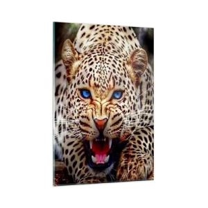 Obraz na szkle - Groźny leopard z intensywnie błękitnymi oczami - 80x120cm - Złość piękności nie szkodzi - Nowoczesna dekoracja ścienna do salonu i sypialni ARTTOR