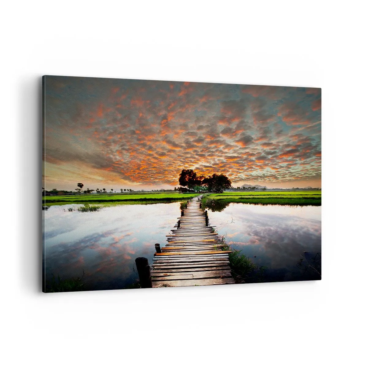 Obraz na płótnie - Drewniany mostek nad wodą o zachodzie słońca - 120x80cm - Rozłóż ramiona - oddychaj  - Nowoczesna dekoracja ścienna do salonu, kuchni i sypialni ARTTOR