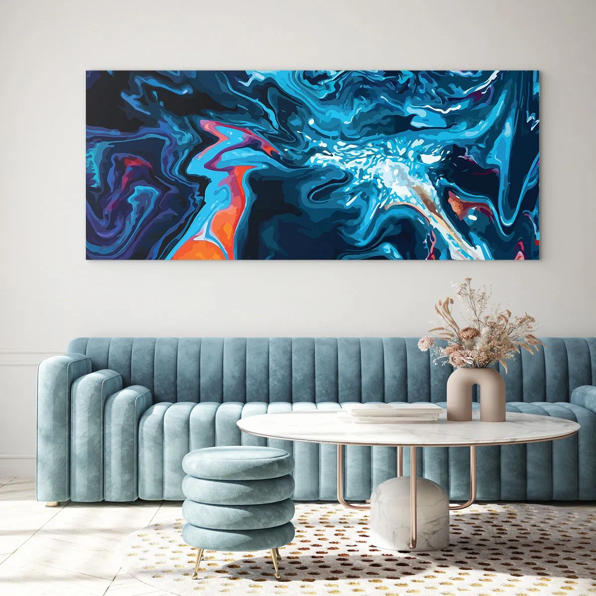 Obraz na szkle - Abstrakcyjny wzór w odcieniach niebieskiego z akcentami pomarańczu - 160x50cm - Podróż do wnętrza nieba - Nowoczesna dekoracja ścienna do salonu i sypialni ARTTOR