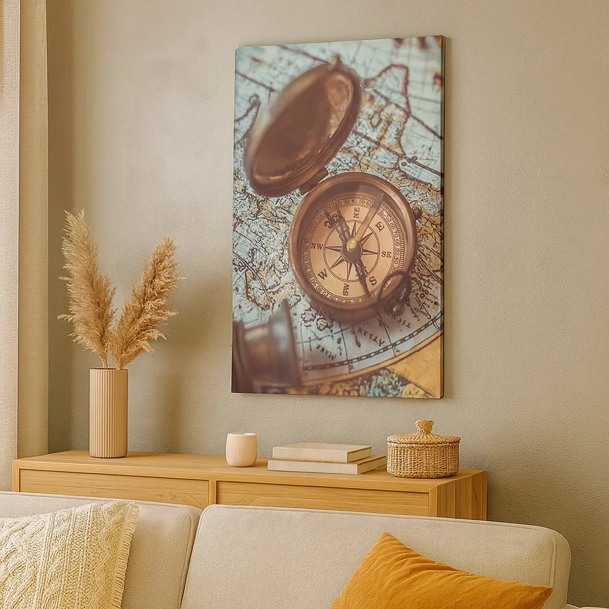 Obraz na płótnie - Stary kompas leżący na zabytkowej mapie świata w stylu vintage - 50x70cm - Dla poszukiwacza przygód - Nowoczesna dekoracja ścienna do salonu, kuchni i sypialni ARTTOR