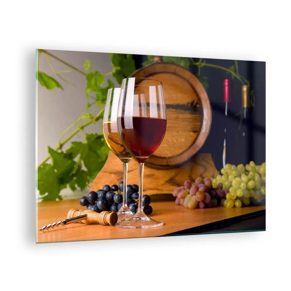 Obraz na szkle - Kieliszki wina, winogrona i beczka na tle liści winorośli - 70x50cm - Jak u starych mistrzów - Nowoczesna dekoracja ścienna do salonu i sypialni ARTTOR