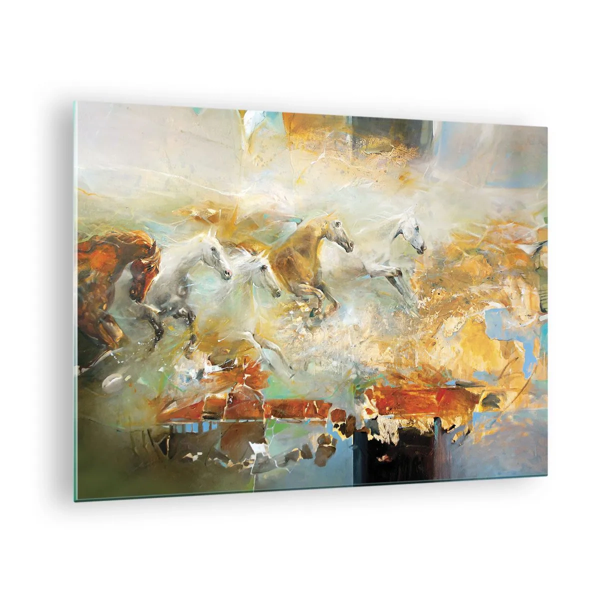 Obraz na szkle - Abstrakcyjne konie w dynamicznym ruchu - 70x50cm - Galopem przez światło - Nowoczesna dekoracja ścienna do salonu i sypialni ARTTOR
