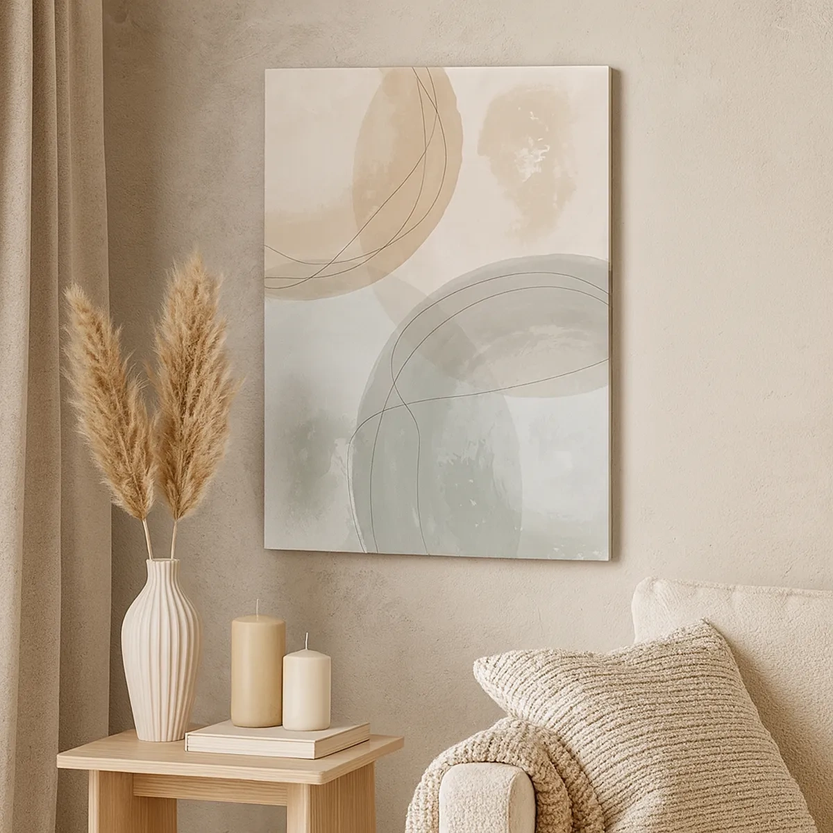 Obraz na płótnie - Abstrakcyjne okręgi w pastelowych odcieniach beżu i zieleni - 50x70cm - Przenikanie światów - Nowoczesna dekoracja ścienna do salonu, kuchni i sypialni ARTTOR