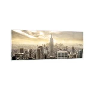 Obraz na szkle - Panorama miasta z widokiem na Empire State Building - 140x50cm - Nowy Jork utkany z szarości - Nowoczesna dekoracja ścienna do salonu i sypialni ARTTOR