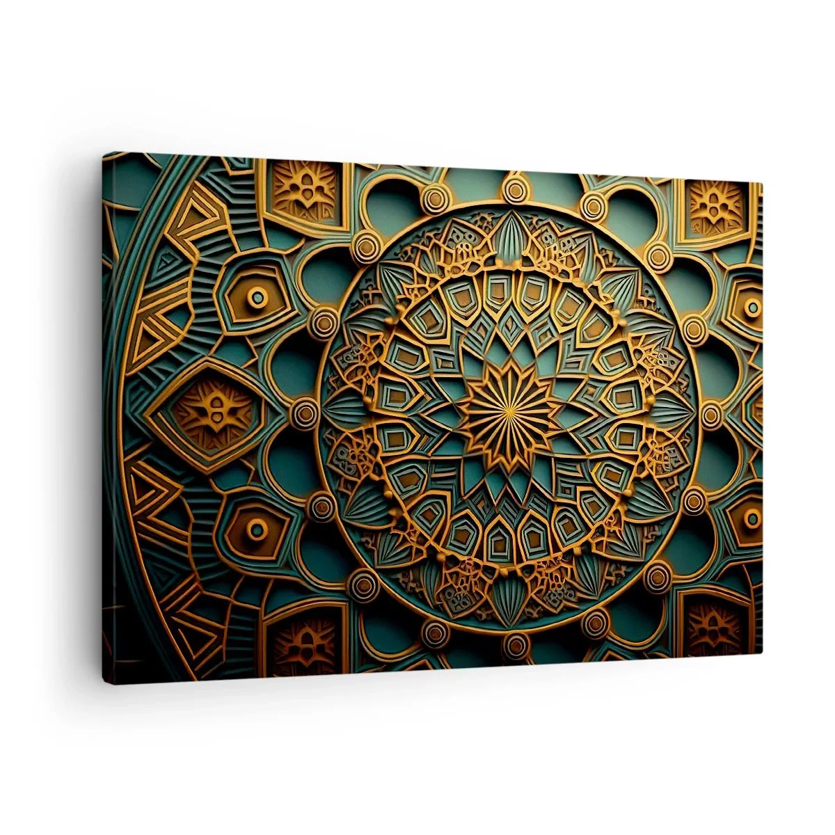 Obraz na płótnie - Złota mandala na tle turkusowym z bogatymi detalami - 70x50cm - W arabskim klimacie - Nowoczesna dekoracja ścienna do salonu i sypialni ARTTOR