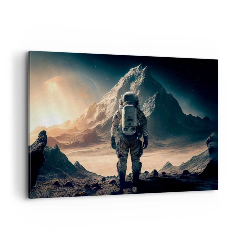 Obraz na płótnie - Astronauta na tle majestatycznych gór - 120x80cm - Nowe wyzwanie - Nowoczesna dekoracja ścienna do salonu, kuchni i sypialni ARTTOR