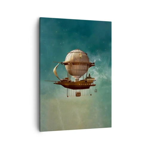 Obraz na płótnie - Podniebny sterowiec w stylu steampunk unoszący się wśród gwiazd - 50x70cm - Juliusz Verne pozdrawia - Nowoczesna dekoracja ścienna do salonu, kuchni i sypialni ARTTOR
