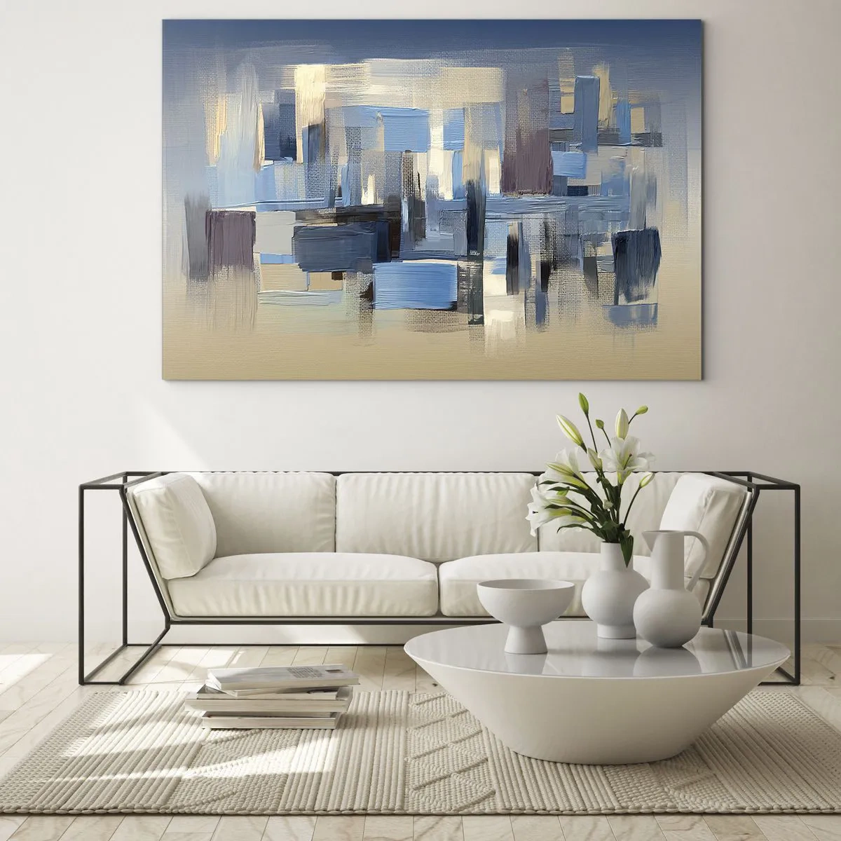 Obraz na szkle - Geometryczne pociągnięcia pędzla w odcieniach błękitu i beżu - 70x50cm - Błękitna konstrukcja - Nowoczesna dekoracja ścienna do salonu i sypialni ARTTOR