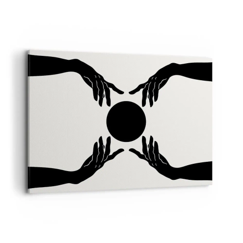 Obraz na płótnie - Czarne dłonie w symetrycznej kompozycji z kulą - 100x70cm - Tajemny znak - Nowoczesna dekoracja ścienna do salonu, kuchni i sypialni ARTTOR