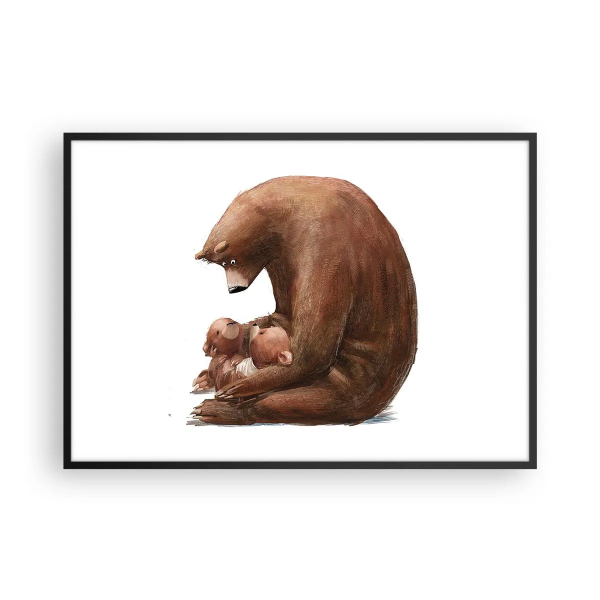 Plakat w czarnej ramie - Niedźwiedzica z dwoma małymi niedźwiadkami w ramionach - 100x70cm - Słodkich snów, dzieciaki - Nowoczesna dekoracja ścienna do salonu i sypialni ARTTOR