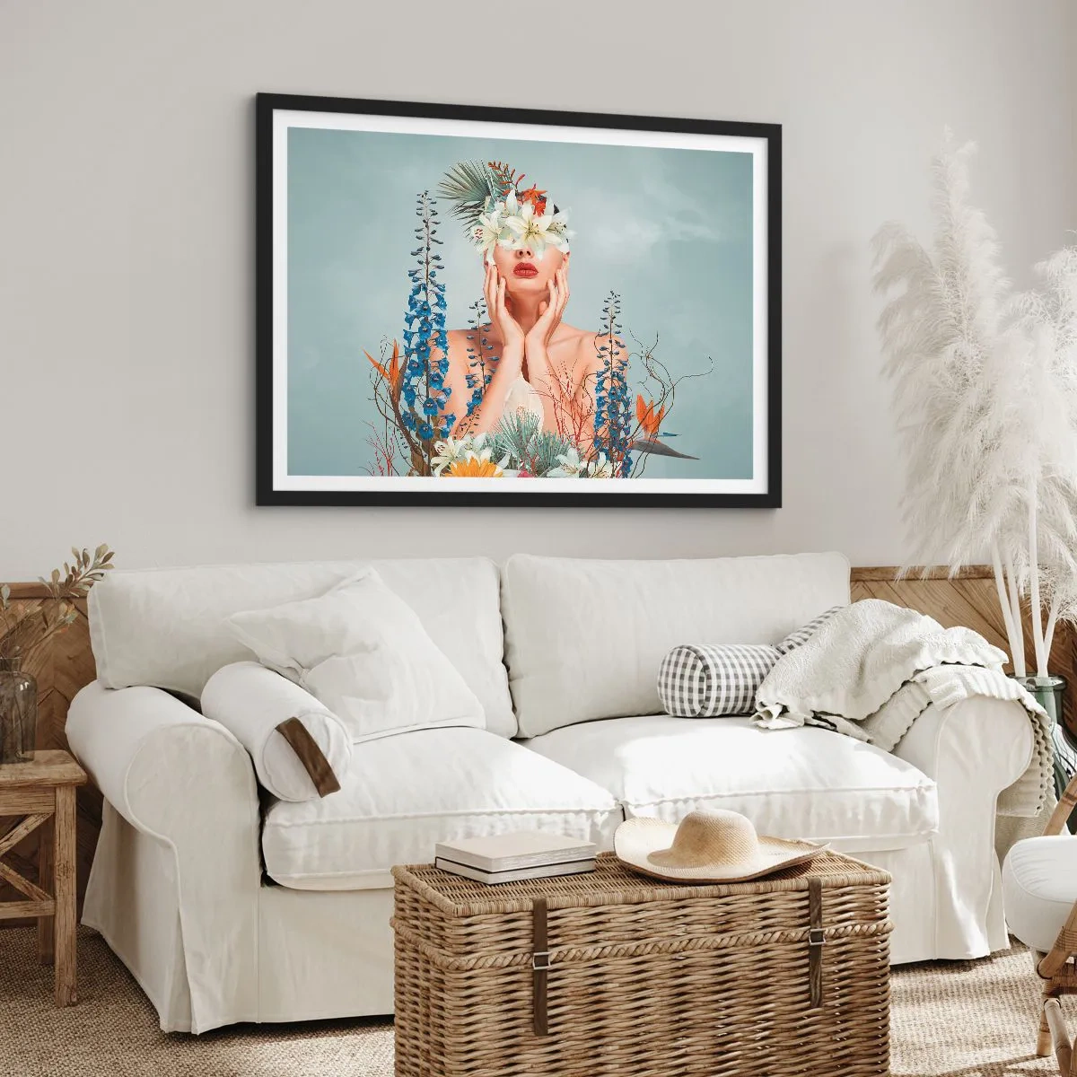 Plakat w czarnej ramie - Portret kobiety z kwiatowym motywem na tle błękitu - 100x70cm - Kobieta – kwiat - Nowoczesna dekoracja ścienna do salonu i sypialni ARTTOR