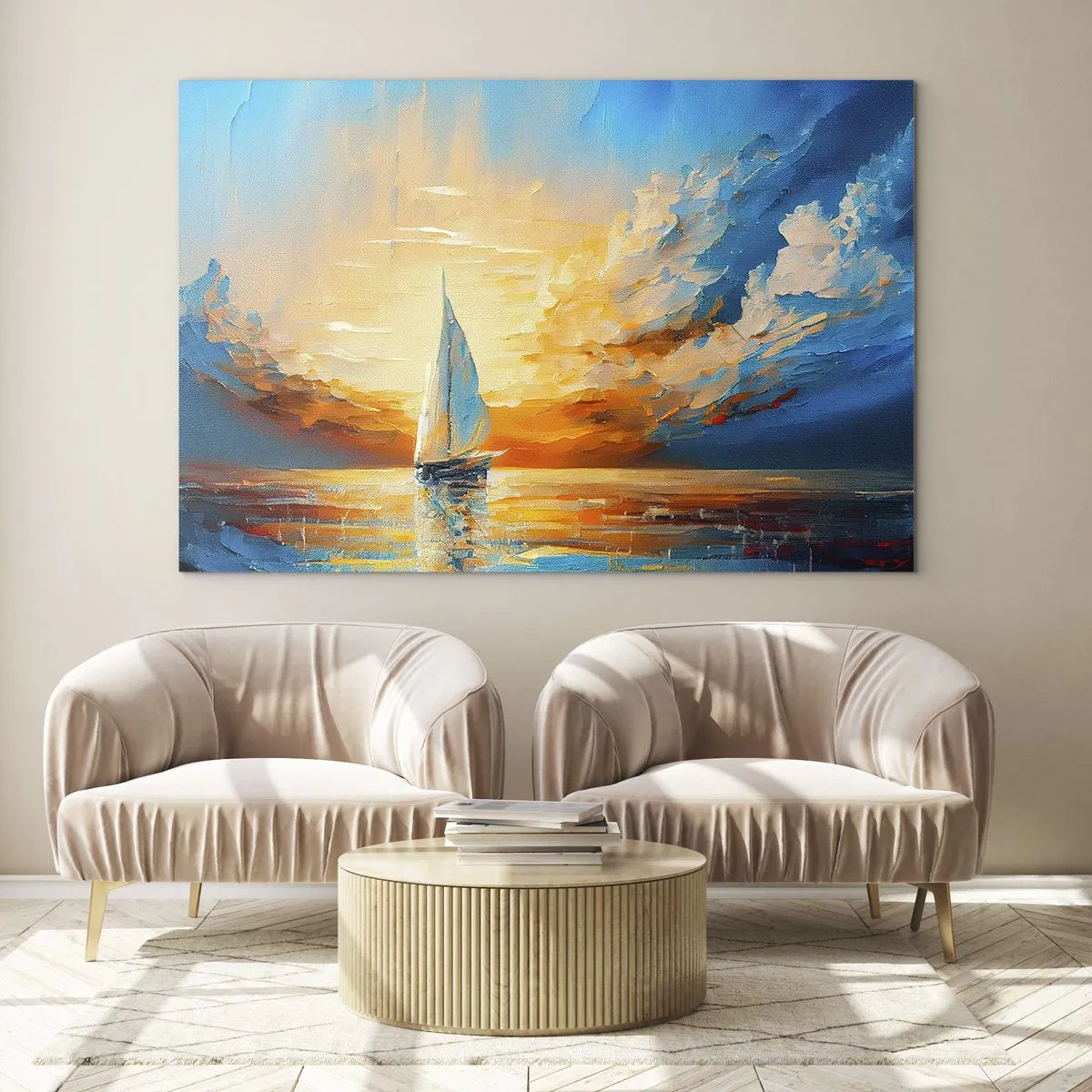 Obraz na szkle - Żaglówka na morzu w świetle zachodzącego słońca - 70x50cm - Żegluga w złocie - Nowoczesna dekoracja ścienna do salonu i sypialni ARTTOR