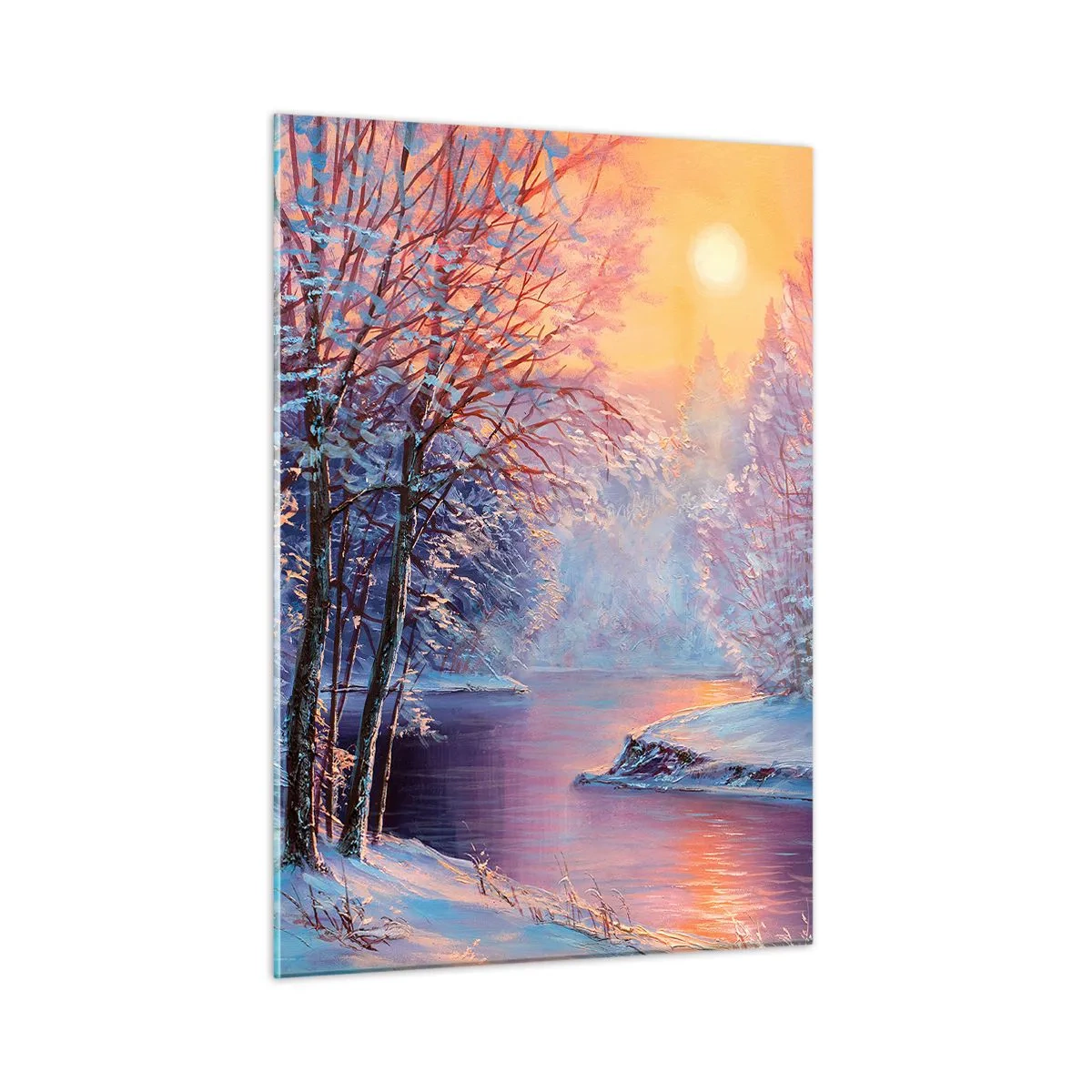 Obraz na szkle - Zimowy pejzaż z rzeką i zachodem słońca - 50x70cm - Barwy zimy - Nowoczesna dekoracja ścienna do salonu, kuchni i sypialni ARTTOR