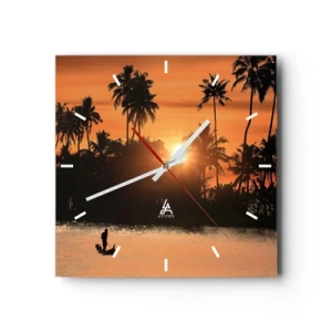 Zegar ścienny - Zachód słońca nad palmami i spokojnym jeziorem z łódką - 30x30cm - Czas na odpoczynek - Nowoczesna dekoracja ścienna do salonu i sypialni ARTTOR