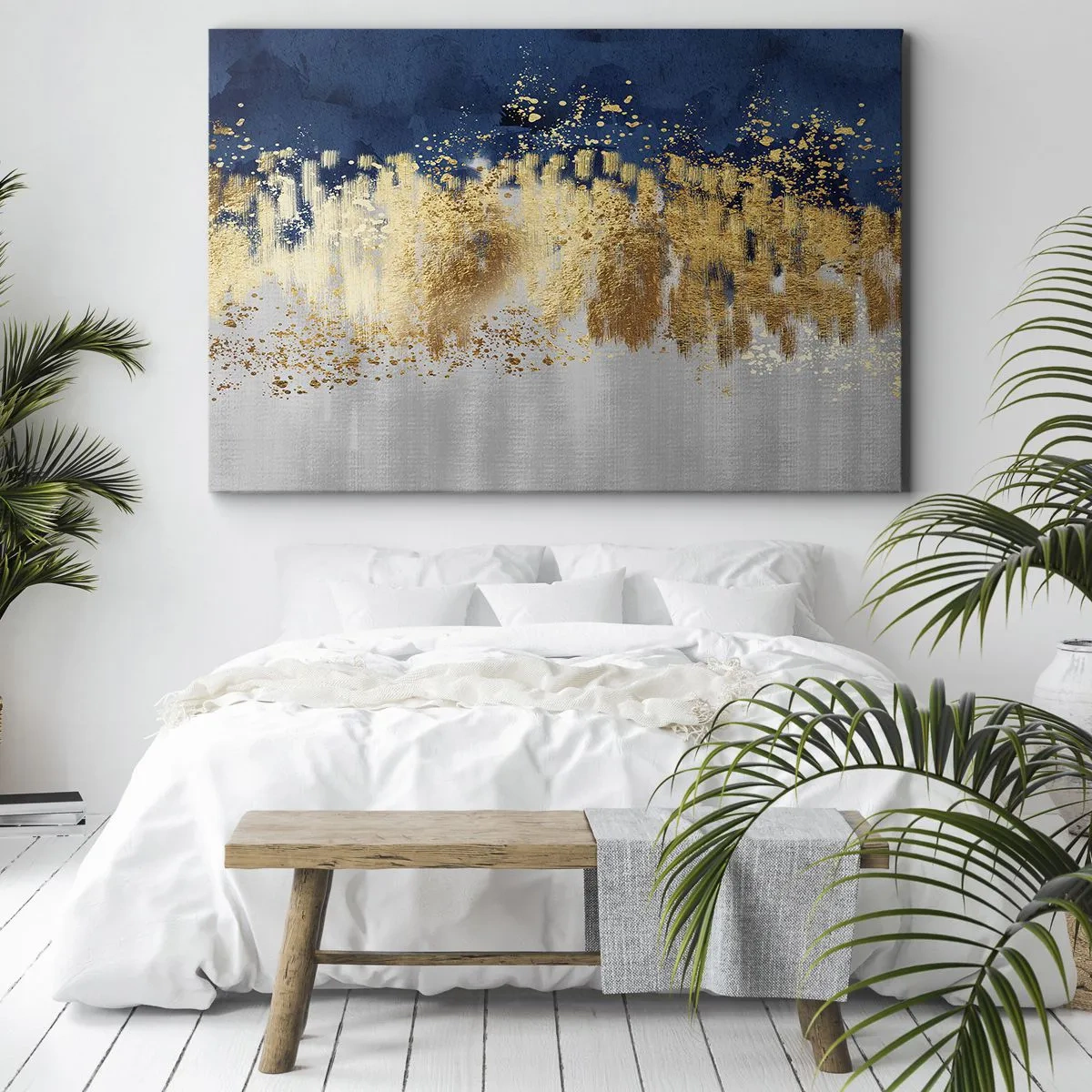 Obraz na płótnie - Abstrakcyjna kompozycja w odcieniach złota i granatu - 70x50cm - Nowoczesna kompozycja z błyskiem - Nowoczesna dekoracja ścienna do salonu i sypialni ARTTOR