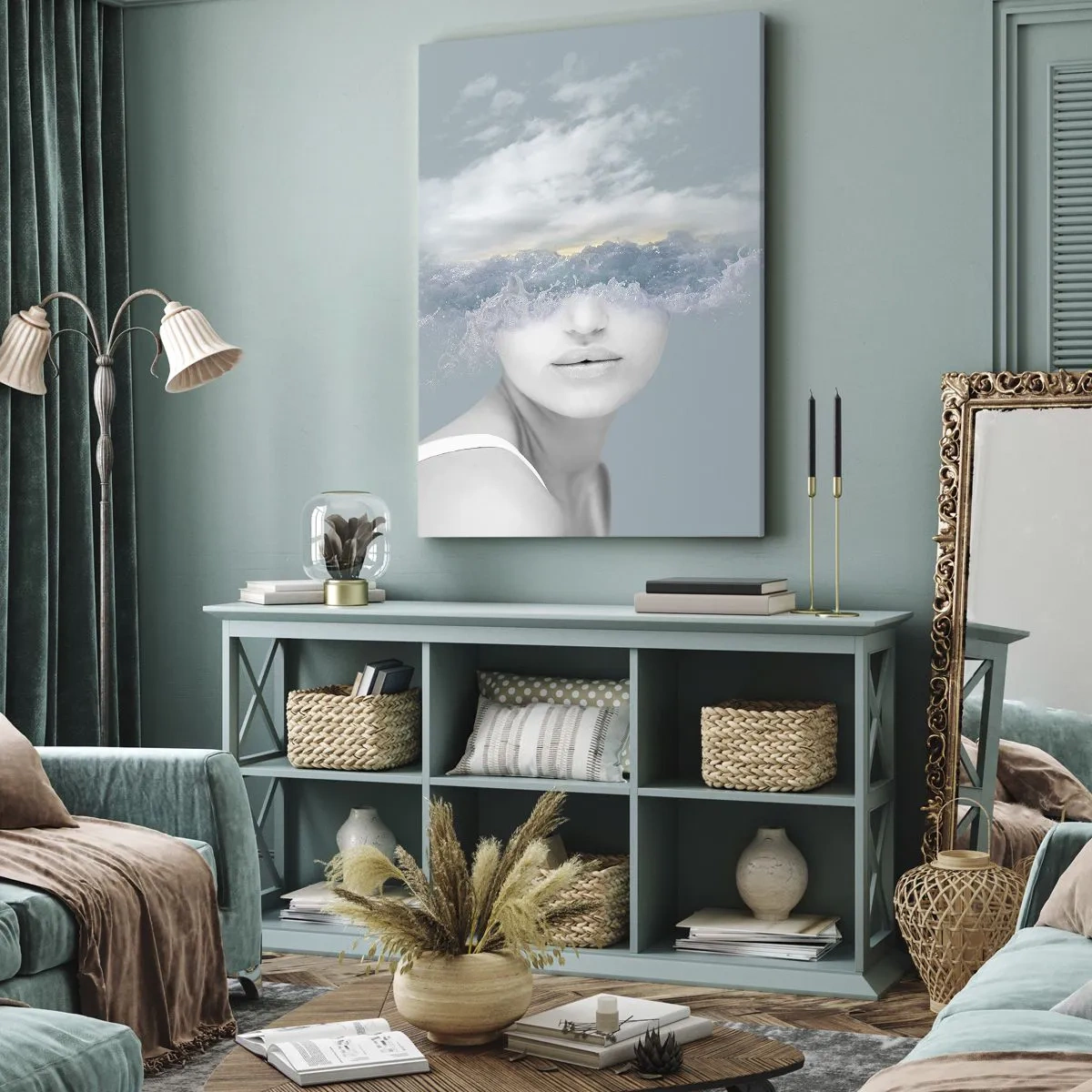 Obraz na płótnie - Portret kobiety z zasłoniętymi oczami przez fale i chmury - 50x70cm - Z głową w chmurach - Nowoczesna dekoracja ścienna do salonu, kuchni i sypialni ARTTOR
