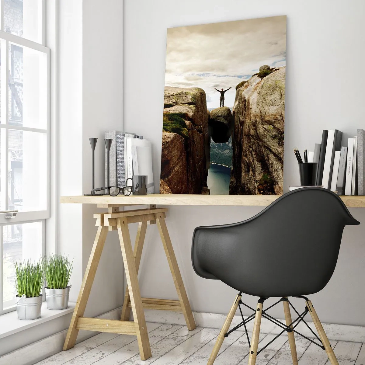 Obraz na szkle - Człowiek stojący na zaklinowanym kamieniu między skałami - 80x120cm - Jak się czuję?! - Nowoczesna dekoracja ścienna do salonu i sypialni ARTTOR