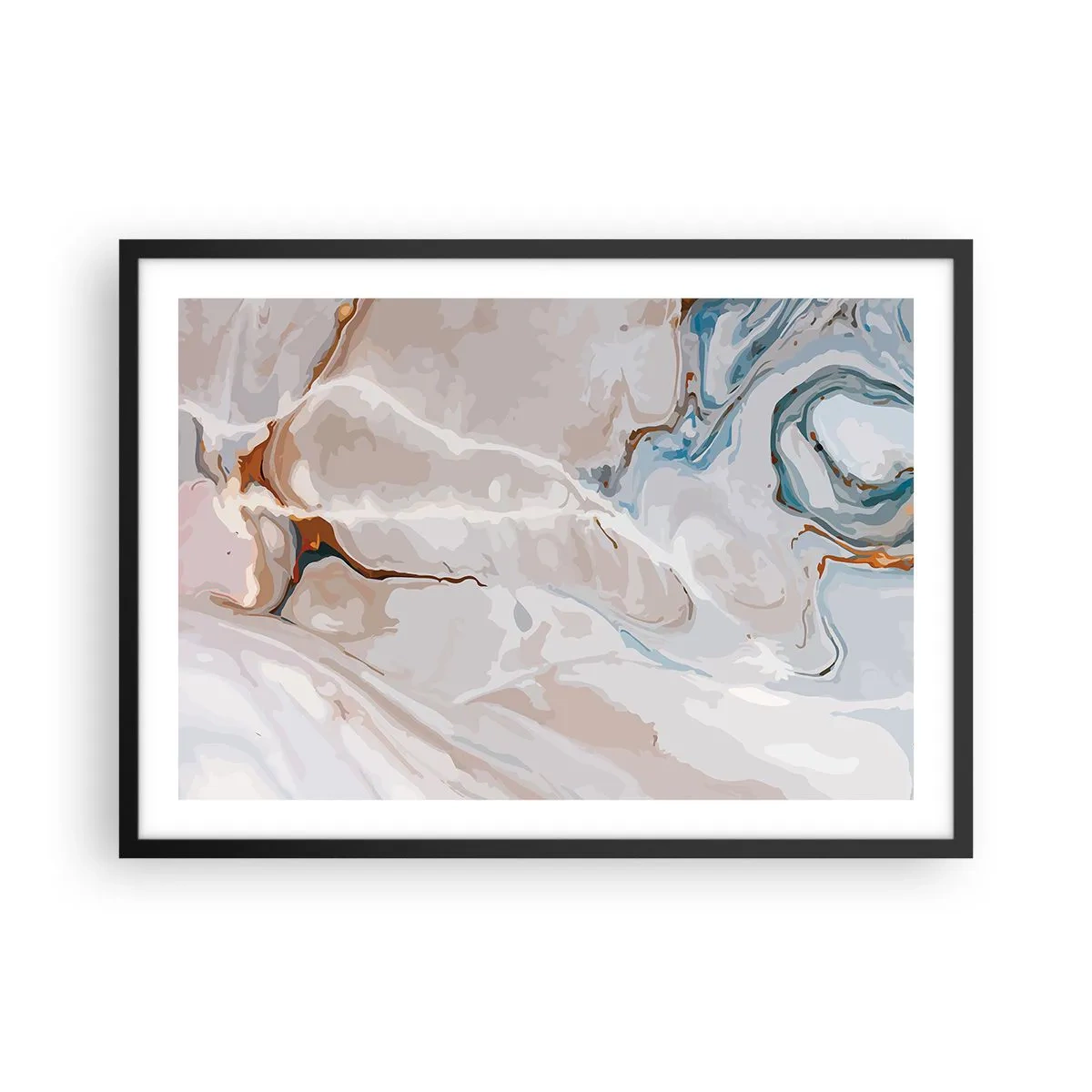 Plakat w czarnej ramie - Abstrakcyjny wzór w odcieniach bieli i błękitu - 70x50cm - Błękitne meandry pod bielą - Nowoczesna dekoracja ścienna do salonu i sypialni ARTTOR