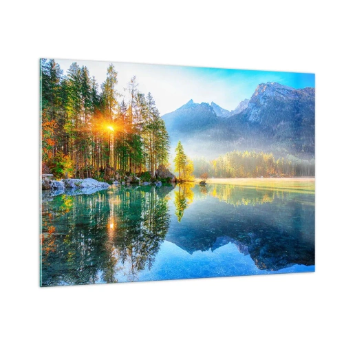 Obraz na szkle - Górski krajobraz z jeziorem i porannym słońcem - 100x70cm - Majestat i słodycz - Nowoczesna dekoracja ścienna do salonu, kuchni i sypialni ARTTOR