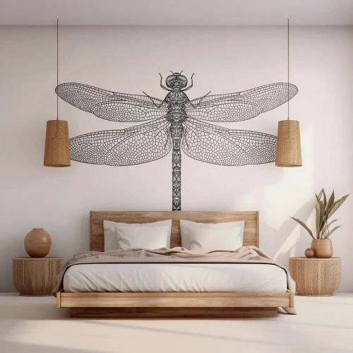 Fototapeta Standard Eco - Czarno-biały szkic ważki z detalicznymi skrzydłami na białym tle - 100x70cm - Precyzja natury - Nowoczesna dekoracja ścienna do salonu i sypialni ARTTOR