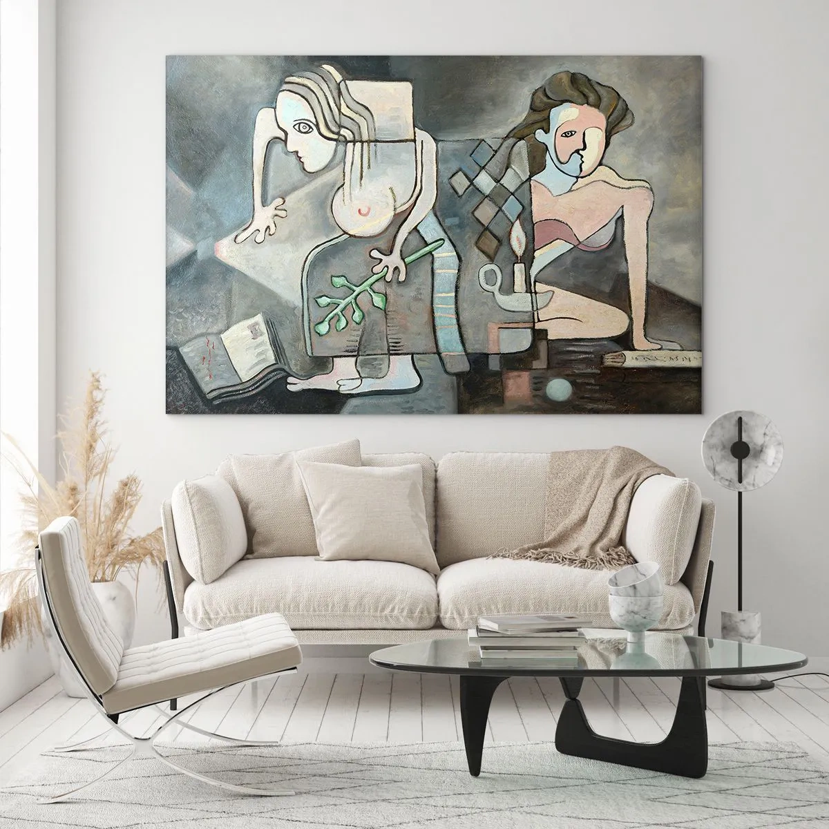 Obraz na szkle - Abstrakcyjna scena z dwoma postaciami w kubistycznym stylu - 70x50cm - Mozaika ducha i materii - Nowoczesna dekoracja ścienna do salonu i sypialni ARTTOR