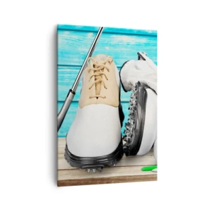 Obraz na płótnie - Zestaw akcesoriów golfowych na drewnianym tle - 70x100cm - Wszystko gotowe - Nowoczesna dekoracja ścienna do salonu i sypialni ARTTOR