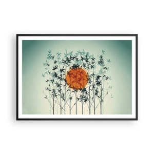 Plakat w czarnej ramie - Pomarańczowe słońce wśród bambusowych gałęzi - 100x70cm - Japońskie słońce - Nowoczesna dekoracja ścienna do salonu i sypialni ARTTOR