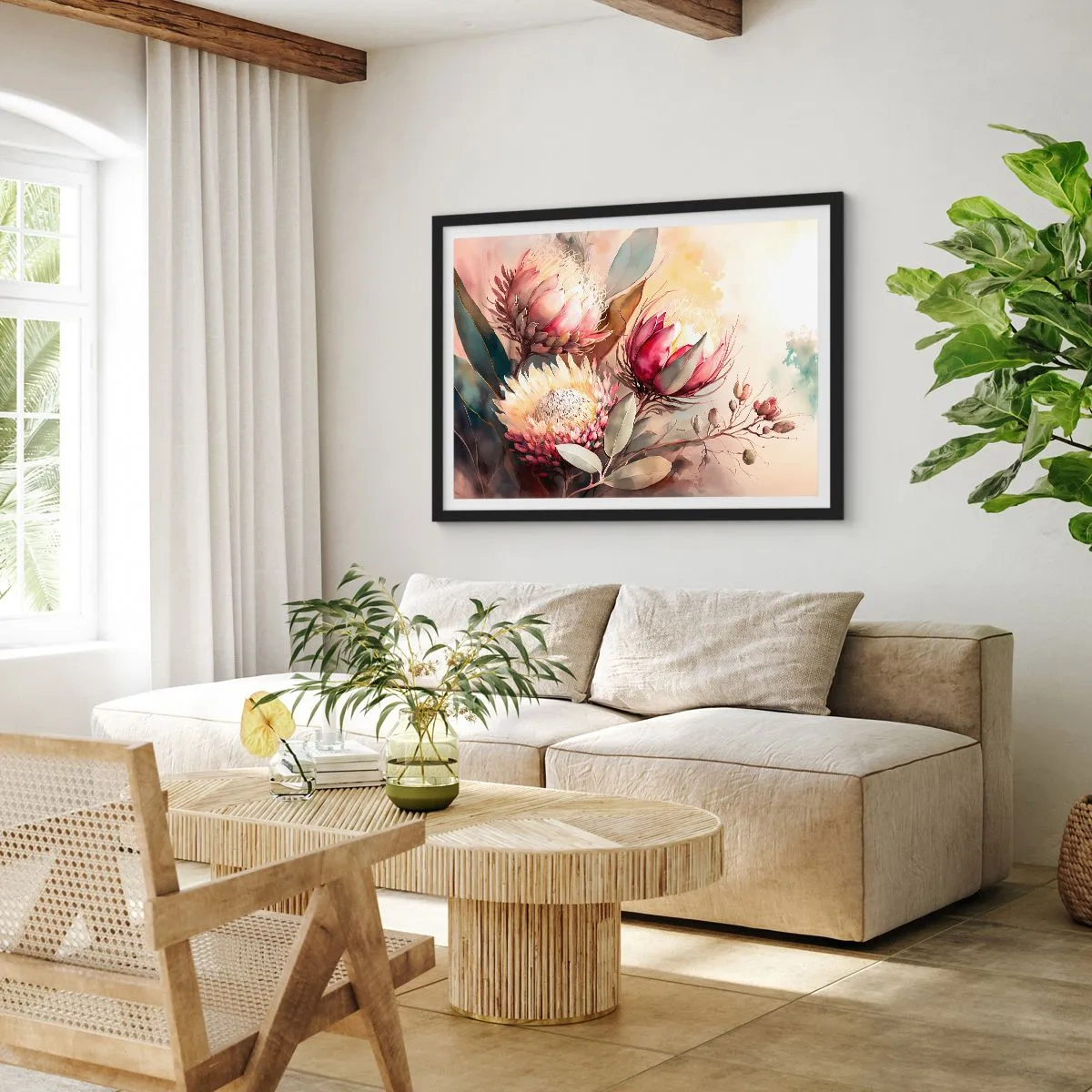 Plakat w czarnej ramie - Kwiaty protei w delikatnych pastelowych odcieniach - 70x50cm - Z profilu i en face - Nowoczesna dekoracja ścienna do salonu i sypialni ARTTOR