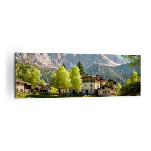 Obraz na płótnie - Górska wioska z domami i widokiem na szczyty Alp - 160x50cm - Alpejska sielanka - Nowoczesna dekoracja ścienna do salonu i sypialni ARTTOR