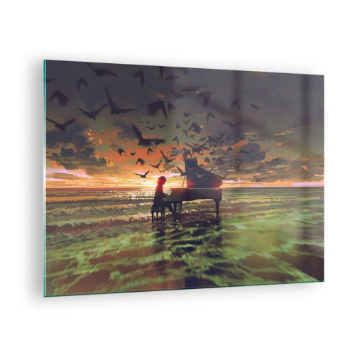Obraz na szkle - Pianistka grająca na fortepianie na plaży przy zachodzie słońca - 70x50cm - Koncert na fortepian i fale - Nowoczesna dekoracja ścienna do salonu i sypialni ARTTOR