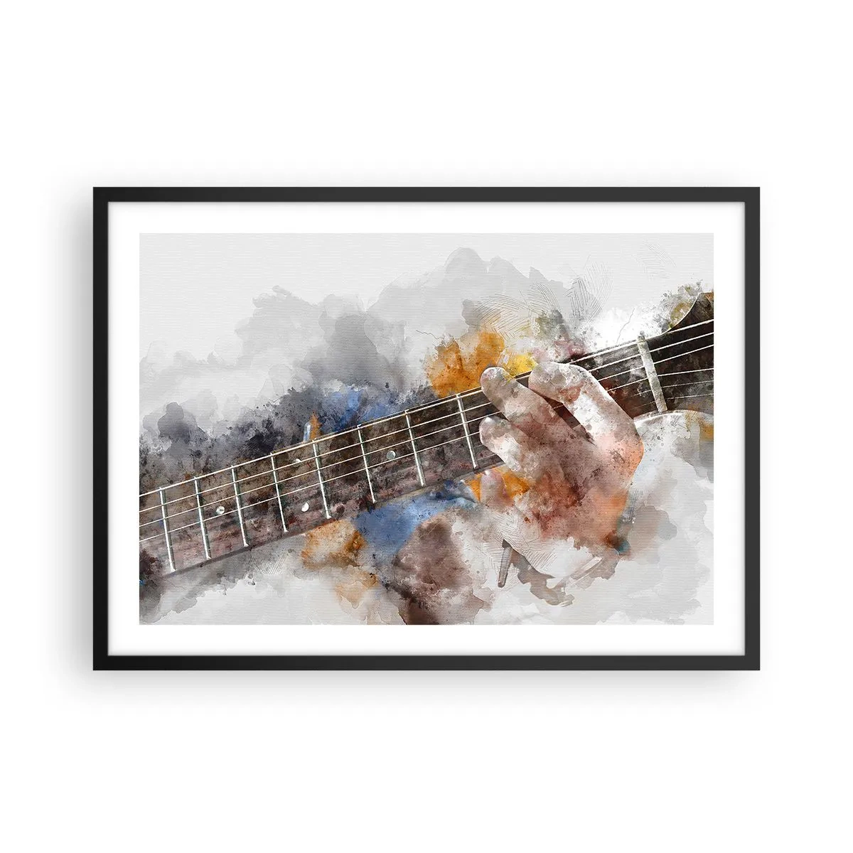 Plakat w czarnej ramie - Abstrakcyjny obraz ręki grającej na gitarze - 70x50cm - Poezja między strunami - Nowoczesna dekoracja ścienna do salonu i sypialni ARTTOR