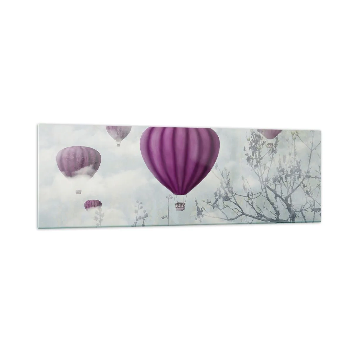 Obraz na szkle - Fioletowe balony unoszące się nad drzewami w chmurach - 160x50cm - Jak statki na niebie - Nowoczesna dekoracja ścienna do salonu i sypialni ARTTOR