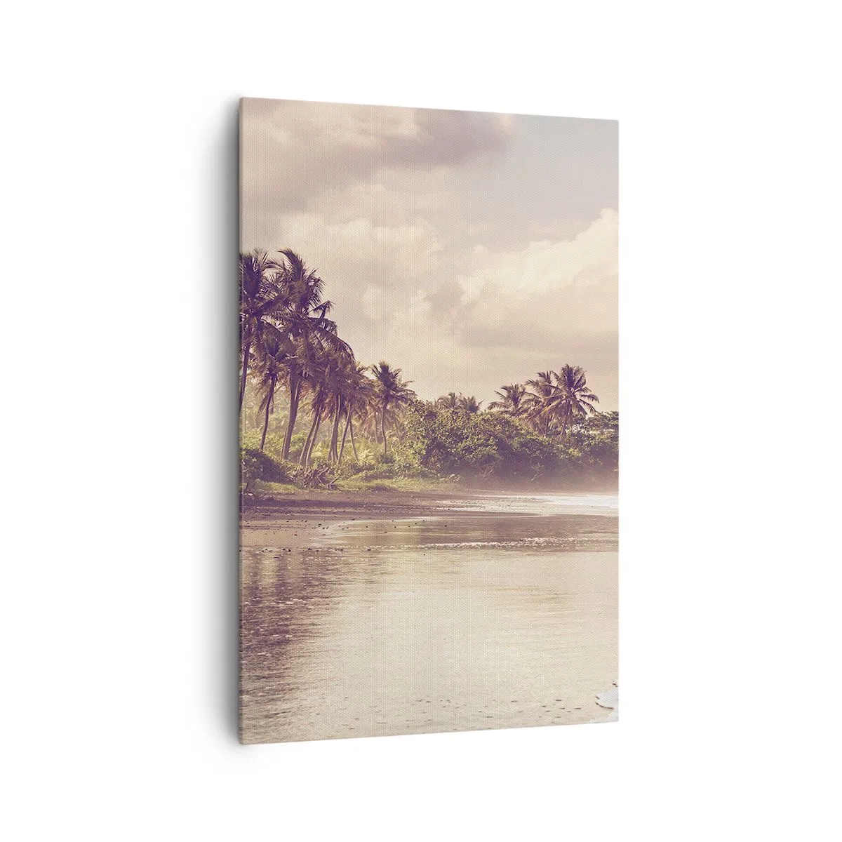 Obraz na płótnie - Plaża z palmami i delikatnymi falami o poranku - 80x120cm - Pieszczota fal - Nowoczesna dekoracja ścienna do salonu i sypialni ARTTOR