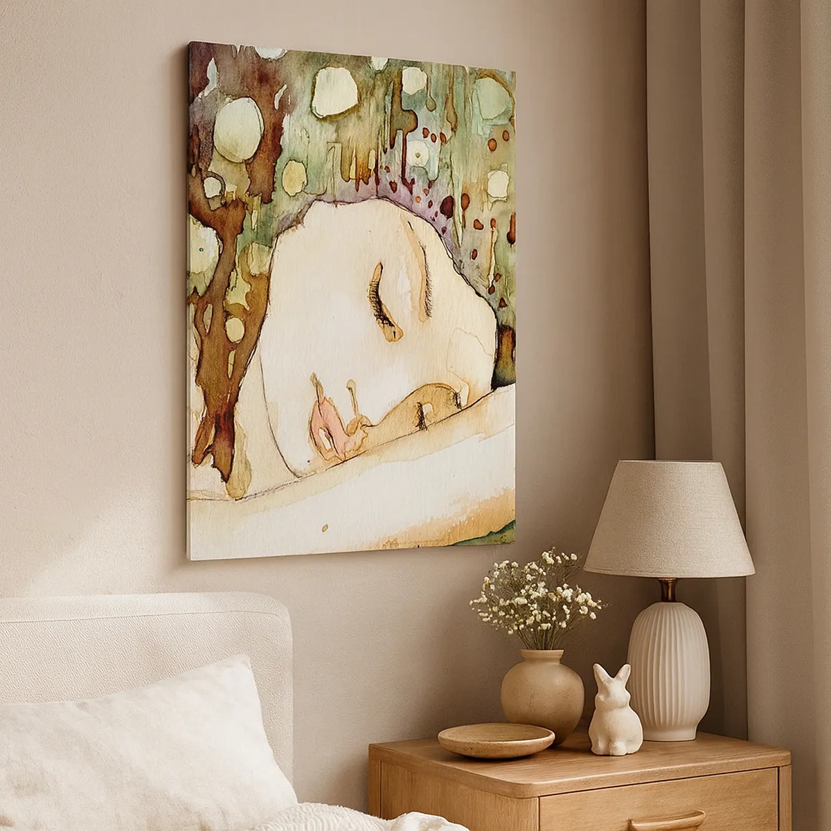 Obraz na płótnie - Akwarelowy portret kobiety w abstrakcyjnym stylu - 50x70cm - Szmaragdowo-fiołkowy sen - Nowoczesna dekoracja ścienna do salonu, kuchni i sypialni ARTTOR