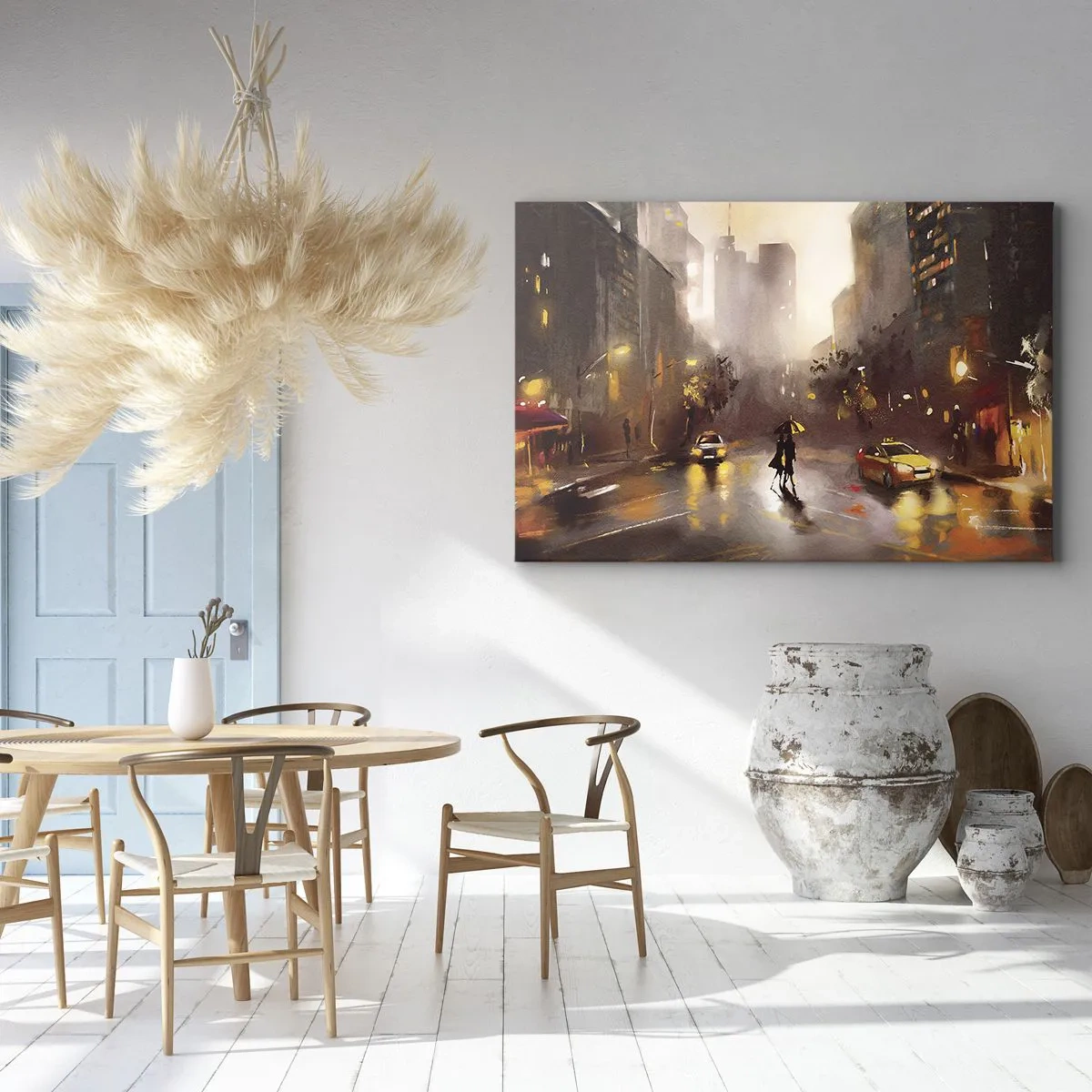 Obraz na płótnie - Miejska scena nocą w świetle latarni i refleksach na mokrej ulicy - 120x80cm - W światłach Nowego Jorku - Nowoczesna dekoracja ścienna do salonu, kuchni i sypialni ARTTOR