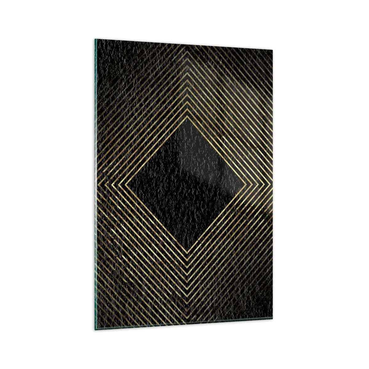Obraz na szkle - Czarne tło z geometrycznym wzorem złotych linii - 80x120cm - Geometria w stylu glamour - Nowoczesna dekoracja ścienna do salonu i sypialni ARTTOR