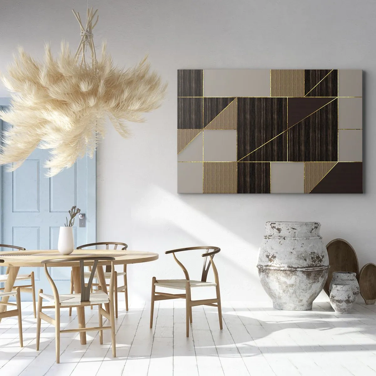 Obraz na płótnie - Geometryczne wzory w odcieniach brązu ze złotymi liniami - 120x80cm - Mozaika brązów i złota - Nowoczesna dekoracja ścienna do salonu, kuchni i sypialni ARTTOR