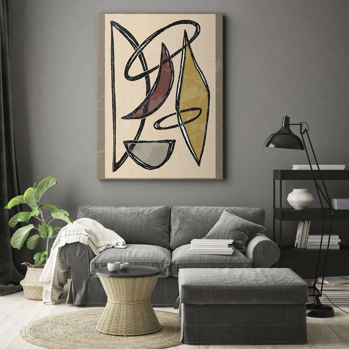 Obraz na płótnie - Abstrakcyjna kompozycja geometryczna z czarnymi liniami na beżowym tle - 70x100cm - Kompozycja – łuki i owale - Nowoczesna dekoracja ścienna do salonu i sypialni ARTTOR