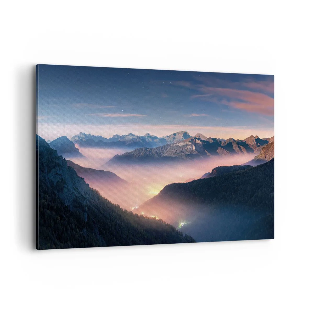 Obraz na płótnie - Górski krajobraz z doliną wypełnioną mgłą - 120x80cm - Światło w dolinach - Nowoczesna dekoracja ścienna do salonu, kuchni i sypialni ARTTOR