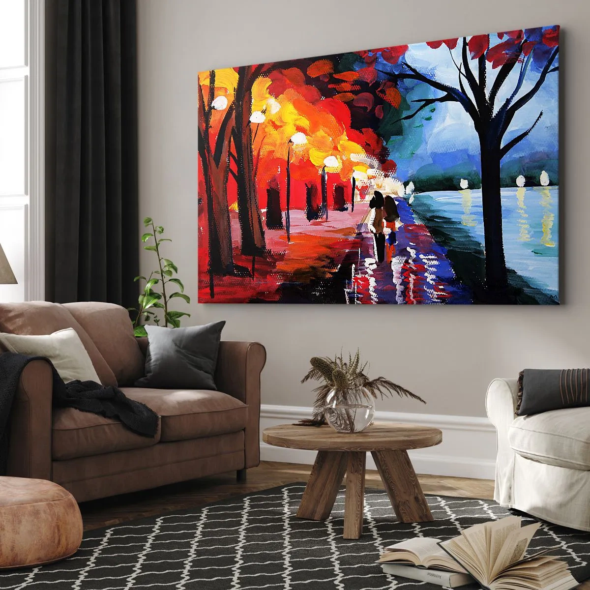 Obraz na płótnie - Jesienny spacer alejką z widokiem na wodę - 70x50cm - Płomienna jesień w parku - Nowoczesna dekoracja ścienna do salonu i sypialni ARTTOR