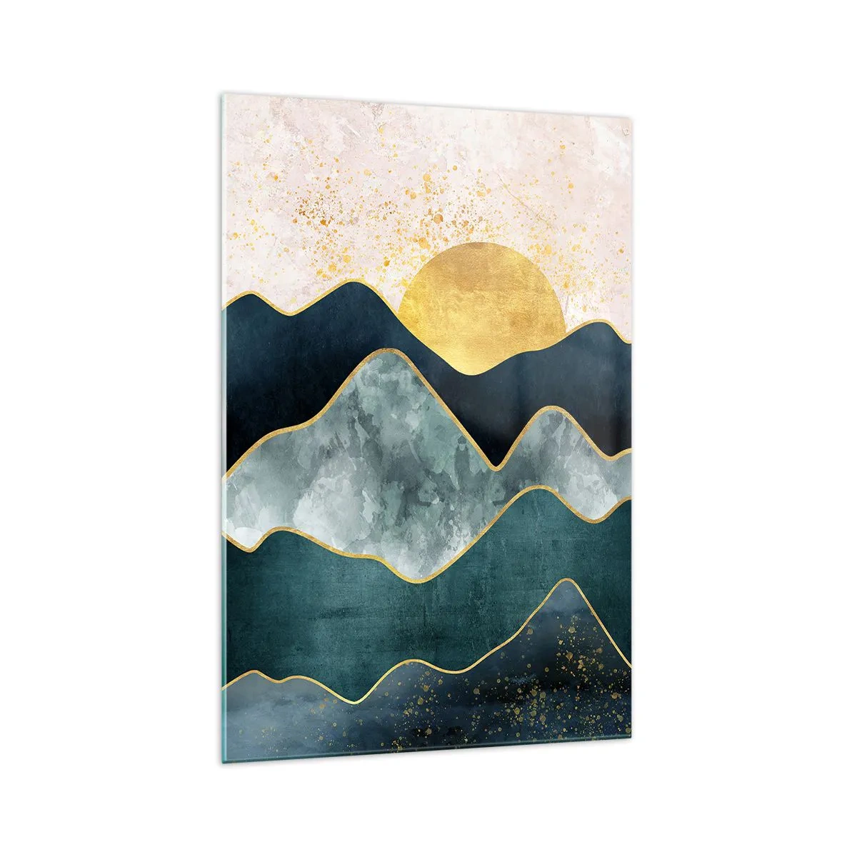 Obraz na szkle - Abstrakcyjne, warstwowe góry w odcieniach zieleni, granatu i złota na tle wschodzącego słońca - 70x100cm - Za siedmioma górami - Nowoczesna dekoracja ścienna do salonu i sypialni ARTTOR