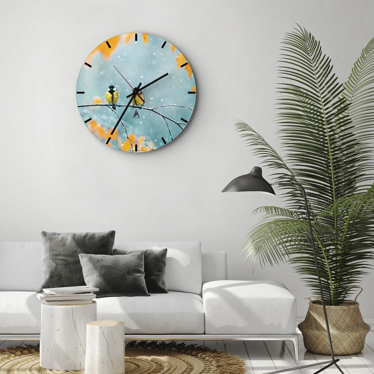 Zegar ścienny - Dwie sikorki na ośnieżonej gałęzi w zimowej scenerii - 30x30cm - Ptasie plotki - Nowoczesna dekoracja ścienna do salonu, kuchni i sypialni ARTTOR