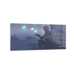 Obraz na szkle - Postać w kapturze z magicznymi ptakami na tle miasta - 120x50cm - Życie powróci - Nowoczesna dekoracja ścienna do salonu i sypialni ARTTOR