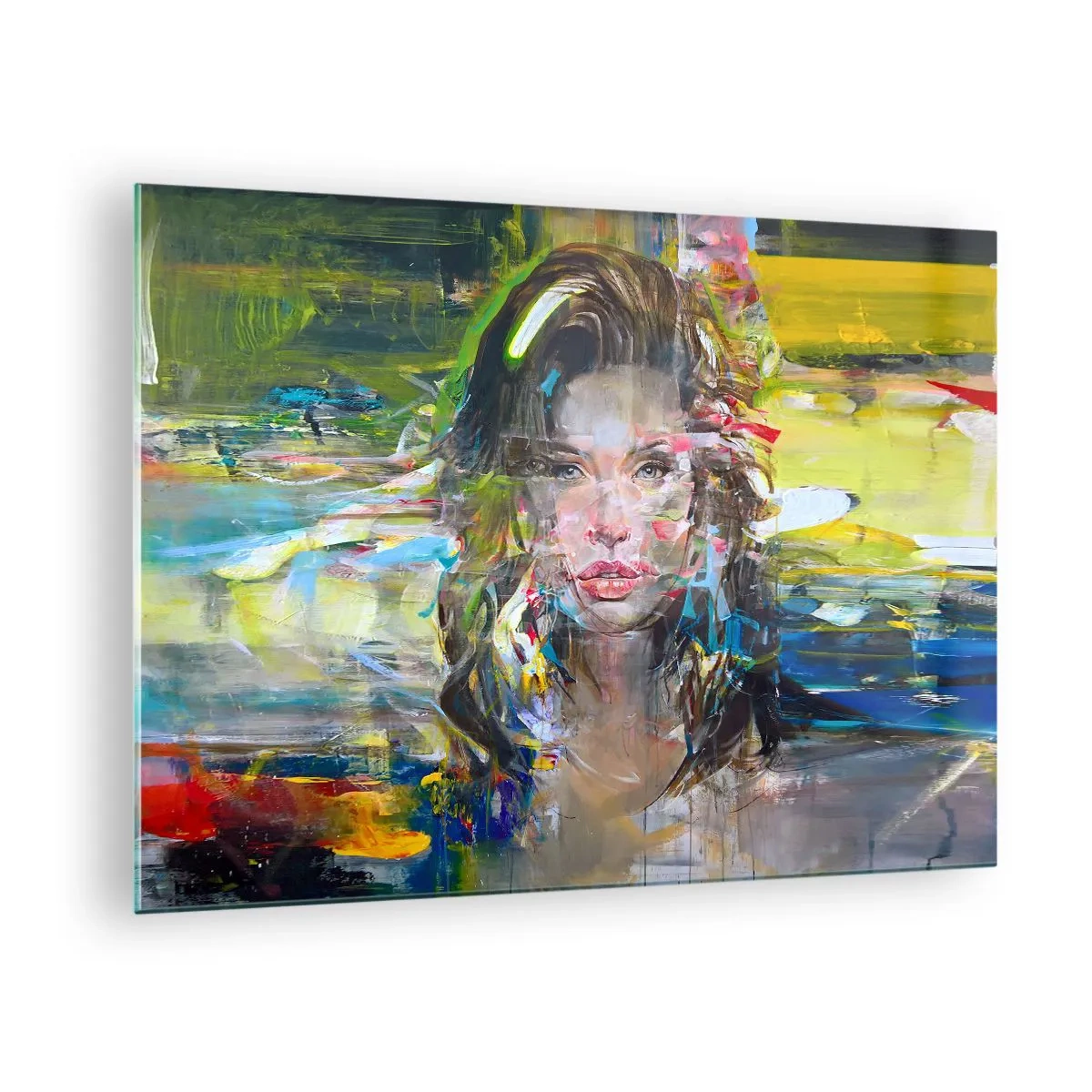 Obraz na szkle - Abstrakcyjny portret kobiety z dynamicznym tłem - 70x50cm - Za powietrza zasłoną - Nowoczesna dekoracja ścienna do salonu i sypialni ARTTOR