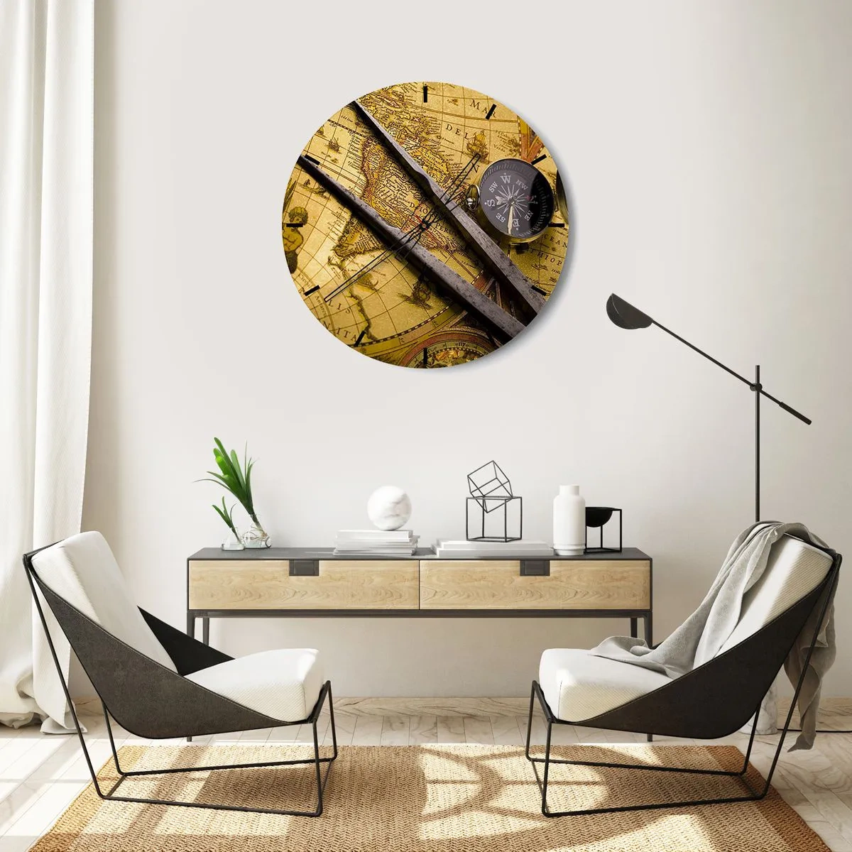 Zegar ścienny - Zabytkowa mapa z kompasem i cyrklem - 30x30cm - Gdze te skarby? - Nowoczesna dekoracja ścienna do salonu, kuchni i sypialni ARTTOR